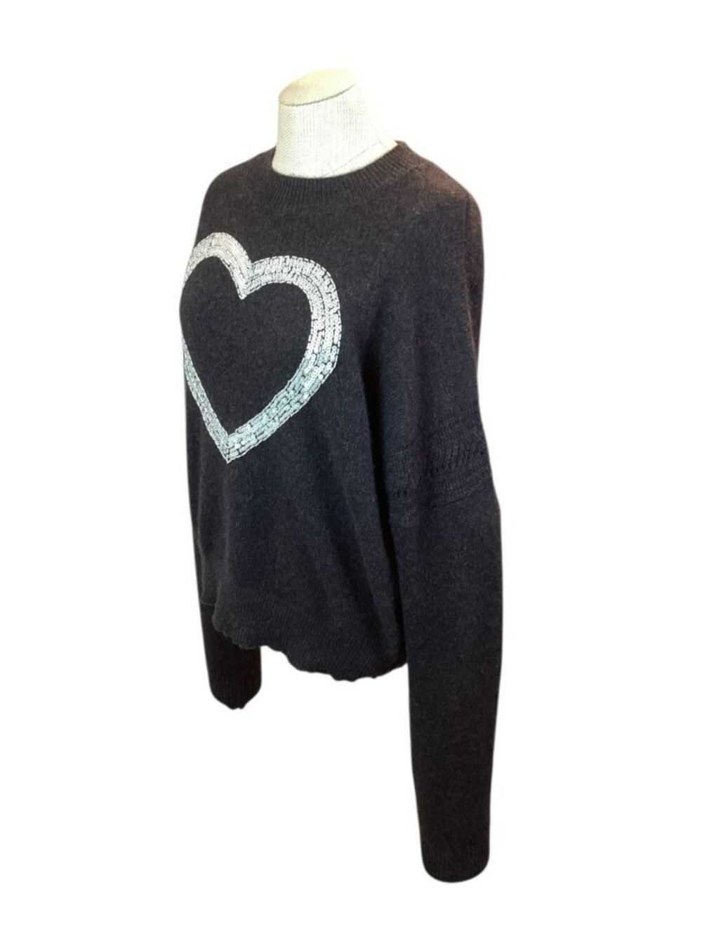 Wildfox Cashmere Womens Large Sweater Sequin Heart Design Gray - Picture 6 of 10